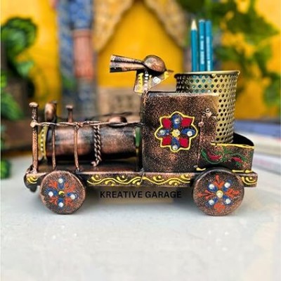 kreative garage 1 Compartments iron Metal Handpainted Engine shape Pen stand/Antique Metal Pen holder/Pencil Holder(Multicolor)