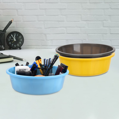 KUBER INDUSTRIES 3 Compartments Plastic Desk Organizer(Yellow & Gray & Sky Blue)