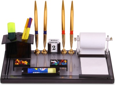 RASPER 4 Compartments Acrylic Pen Stand For Study Table Multipurpose Desk Organizer For Office Table Office Stationery Organizer With 4 Pen Paper Pad Roll (14x7.5 Inches)(Smoke Black)