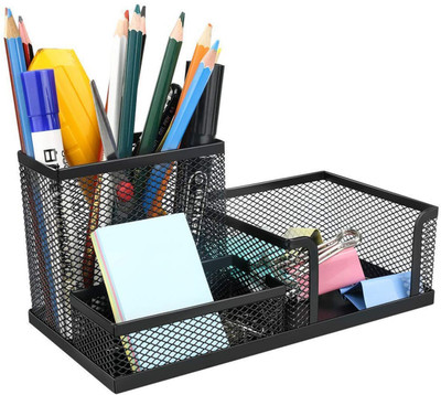 ARDAKI 3 Compartments STEEL Pen Holder Desktop Metal Compartment Pencil Organizer,Accessories Storage Stand(Black)