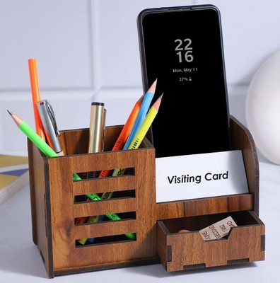 UrbanLane 4 Compartments Wooden Pen stand with drawer , mobile holder and visiting card holder(Brown)