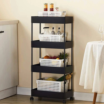 Pinkwhale 4 Compartments Plastic Storage Trolly(Black)