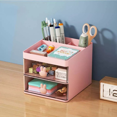 K.B.SALES 2 Compartments plastic Multi-Function Desk Organizer(Pink)