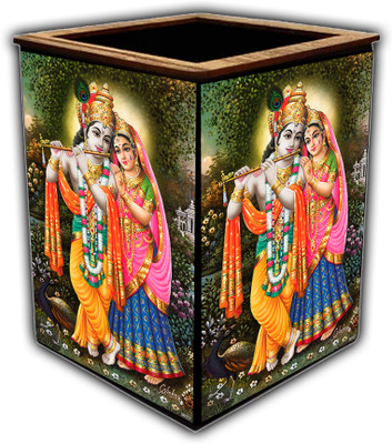 pnf 1 Compartments wooden Colourful Wooden Pen Stand with photo of Radha Krishna -20117(Multicolor)