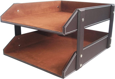 Vanquish 2 Compartments Wooden, Leather Letter Tray File Holder Stackable Magazine Document Storage Great for Office(Brown)