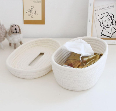 ELLEGANZA 1 Compartments Eco-Friendly Cotton Rope Tissue Box Holder–Handmade Tabletop Napkin Storage Case Cotton Rope Storage Baskets with Handles – Multipurpose Organizer for Home(White)