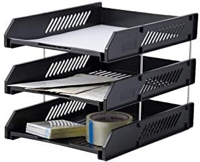 FRENYEAR 3 Compartments Plastic File Tray Mesh File Holder Stand Organizer Container Document Tray '' File Rack(Blue)