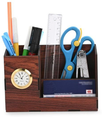 Somil 3 Compartments Wood Wooden Pen / Pencil Stand With Visiting Card & Mobile Holder For Desk Organizers(Brown)