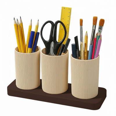 MAGICSPOON 3 Compartments Plastic Pen Stand(Brown)