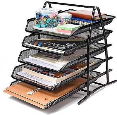 OPSUZY 5 Compartments 5-Tier Mesh Metal Desk Organizer – Sliding File Rack & Letter Tray Document Tray(Black)