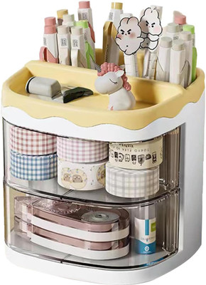 HOUSE OF QUIRK 4 Compartments Plastic Stationery Storage Box With Rotating Drawer Pen Holder Desktop -11X11X11.5 Cm(Yellow)