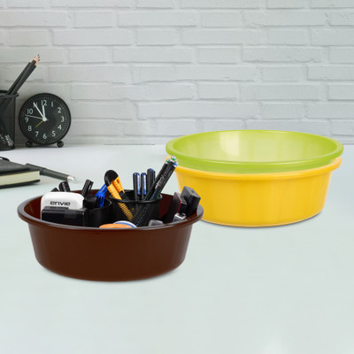 KUBER INDUSTRIES 3 Compartments Plastic Desk Organizer(Yellow & Green & Brown)
