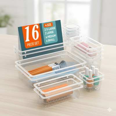 TENIDO 16 Compartments Plastic Drawer organizers, Dressing Table Organizer, Make up Organizer(Transparent)