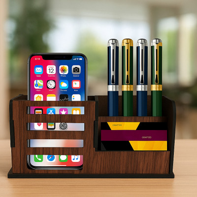Craftzo 3 Compartments Premium Wood Finish Wooden Pen Stand / Pencil Holder / Mobile Holder / Visiting Card Holder(Brown)