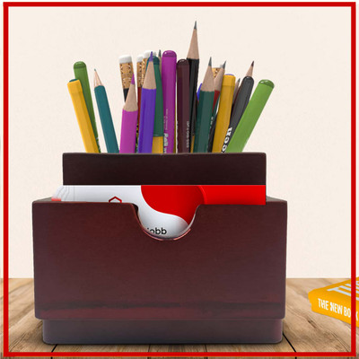 Bluwid 2 Compartments Wooden Pen Holder(Brown)