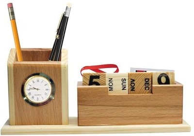 craftssrw 3 Compartments MDF and Wooden Pen Stand with Name, Table Watch & Calendar(Brown)