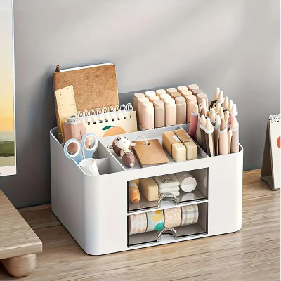 IMPRONOW 5 Compartments Abs Plastic Multifunctional Desktop Organizer with 2 Drawers & Storage Box(White)