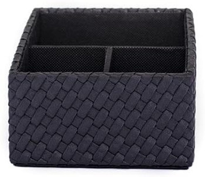 PREMSONS 3 Compartments Wooden Woven Design Artificial Leather Remote Holder for Dining Room,Bedroom - Black(Black)