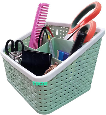 Meswarn 5 Compartments Plastic Pen Stand(Green)