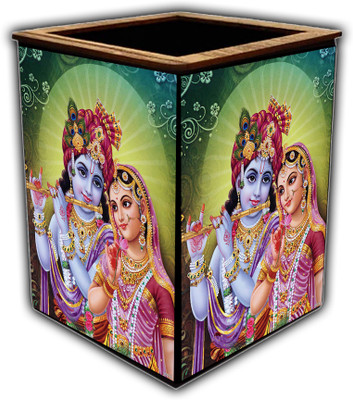 pnf 1 Compartments wooden Colourful Wooden Pen Stand with photo of Radha Krishna -20173(Multicolor)