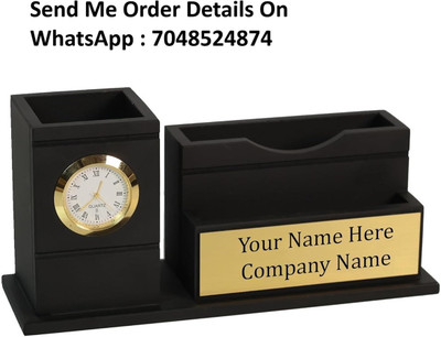 Satvat 3 Compartments Customizable Pen Holder with Clock, Business Visiting Card and Mobile Stand Customizable Pen Holder with Clock, Business Visiting Card and Mobile Stand(Black)