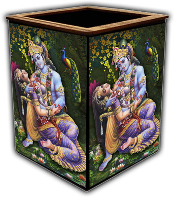 pnf 1 Compartments wooden Colourful Wooden Pen Stand with photo of Radha Krishna -19011(Multicolor)