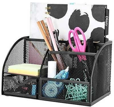 YANSI 7 Compartments Metal Desk Organizer, Metal Mesh, Stationary Holder, Office Home School Accessories(Black)