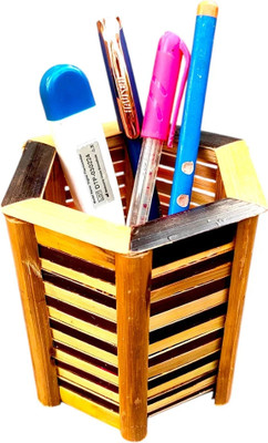 HakSap 1 Compartments Bamboo Pen Pencil Stand(Brown And Black)