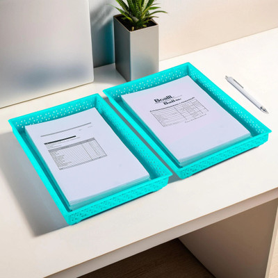 KUBER INDUSTRIES 2 Compartments Plastic Desk Organizers(Sky Blue)