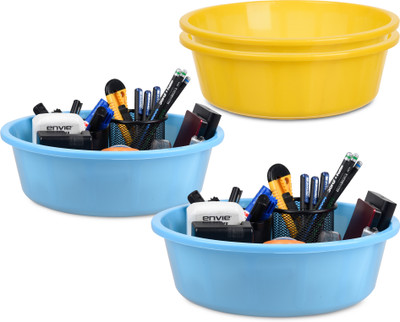 KUBER INDUSTRIES 4 Compartments Plastic Desk Organizer(Yellow, Blue)