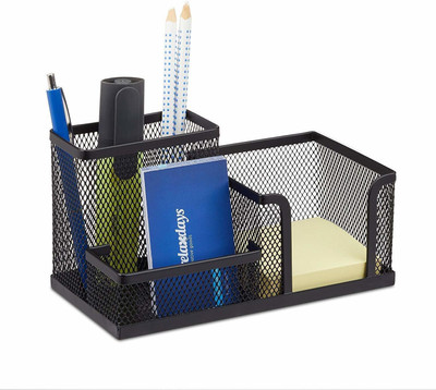 QUICK UNBOX 3 Compartments Metal Pen Pencil Holder(Black)