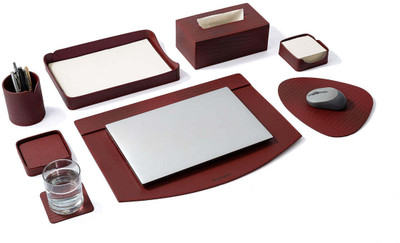 Three Sixty 5 Compartments Leather Desk Organizer Set(Maroon)