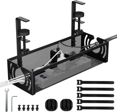 FITIX 7 Compartments Metal Under Desk Cable Management Tray, Metal Mesh Wire Organiser with Clamp Mount,(Black)