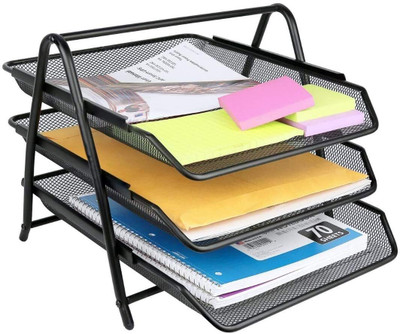 Lufarp 3 Compartments Metal 3 Tier Mesh Metal Desk Organiser File Rack Letter Tray Documents Holder(Black)