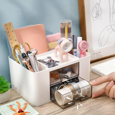 CountryLink 5 Compartments ABS Plastic Desk Organizer with 2 Drawers Pen, Notes, Mobile & Mackup Storage Box(White)