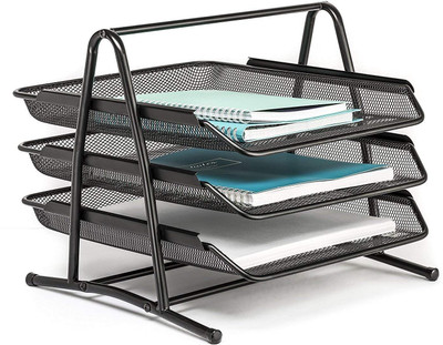VICHAXAN 3 Compartments Iron Metal Mesh Desk Tray with Slidable Compartments(Black)