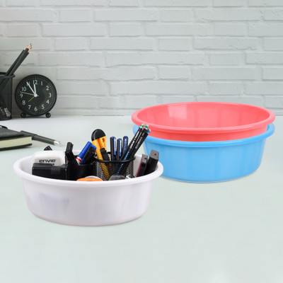 KUBER INDUSTRIES 3 Compartments Plastic Desk Organizer(Sky Blue & Pink & White)