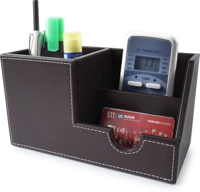 Vanquish 3 Compartments WOODEN Desk Pen Pencil Holder Office Stationery Cards Mobile Remote Desktop Accessories(Brown)