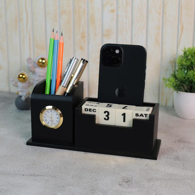 GENIYO 2 Compartments Pen Stand With Calendar and Clock Combo – Perpetual Flip Date Display with Roman Numeral Clock in Black Wood Finish – Stylish and Functional Office Decor.(Black)