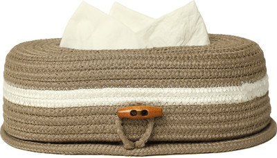 AURKA 1 Compartments PP & Cotton Blend Tissue Box Holder Beige, White(Oval Tissue Box Holder with Wooden Button 3x5x11.7 Inch Handcrafted 100 Pulls)