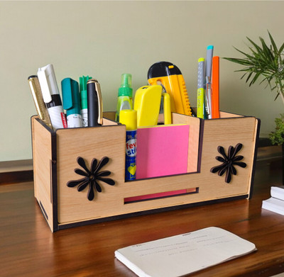 Giftingcare 4 Compartments Wooden Desk Organizer with Stationery, Mobile Holder, Remote & Visiting Card Holder(Maple)