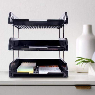 FRENYEAR 3 Compartments Plastic File Tray Mesh File Holder Stand Organizer Container Document Tray | File Rack(Black)