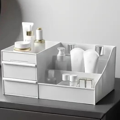 Charmpeak 7 Compartments Two-Drawer Plastic Organizer Makeup Drawer Organizer Box(White)