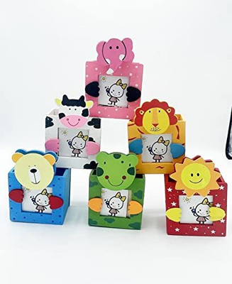 Gold Leaf 1 Compartments Wood Animals Theme Design Pen Stand with Photo Frame And Photo Clips(Multicolor)