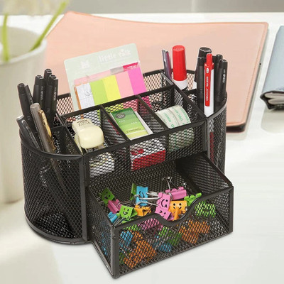 Goodwill Tech 8 Compartments Metal 8 Compartment Multi-Functional Black Metal Pen Stand Mesh Style Desk Organizer(Black)