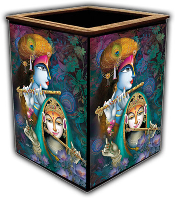 pnf 1 Compartments wooden Colourful Wooden Pen Stand with photo of Radha Krishna -4140(Multicolor)