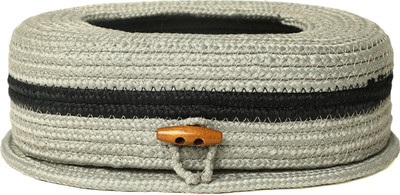 Ariya 1 Compartments PP & Cotton Blend Tissue Box Holder Oval Handcrafted 100 Pulls 3x5x11.7 Inch with Wooden Button(Light Gray, Black Line)