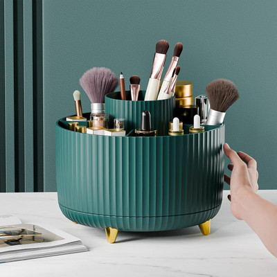 TINSUHG 5 Compartments Plastic Large Capacity Makeup Brush Holder,360° Rotating Makeup Organizer(Green)