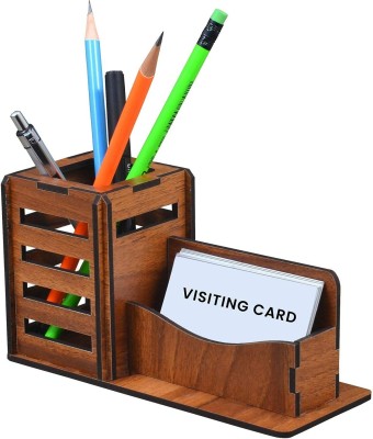 YOGI SELLING 2 Compartments Multipurpose Wooden Pen & Pencil Stand With Business Card Stand For Office Table Unique Wooden Pen / Pencil Stand Box With Business & Visiting Card Holder Stand(Brown)