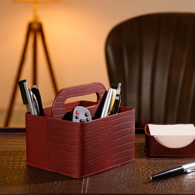 Three Sixty 4 Compartments Leather Desk Organizer Caddy(Maroon)